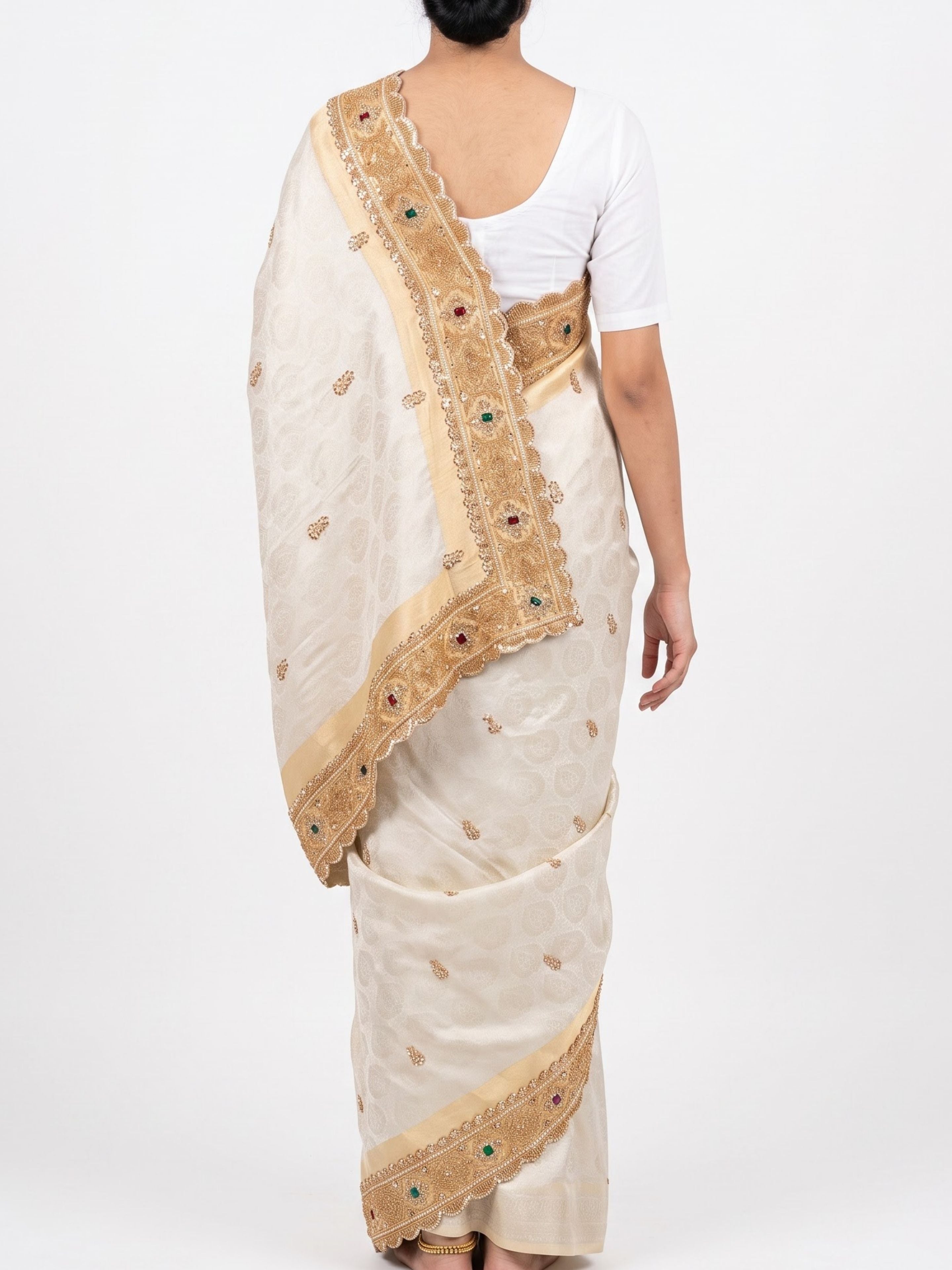 Ivory Tissue Unstitched Saree Embellished With Sequins, Moti, Stone & Cutdana Work